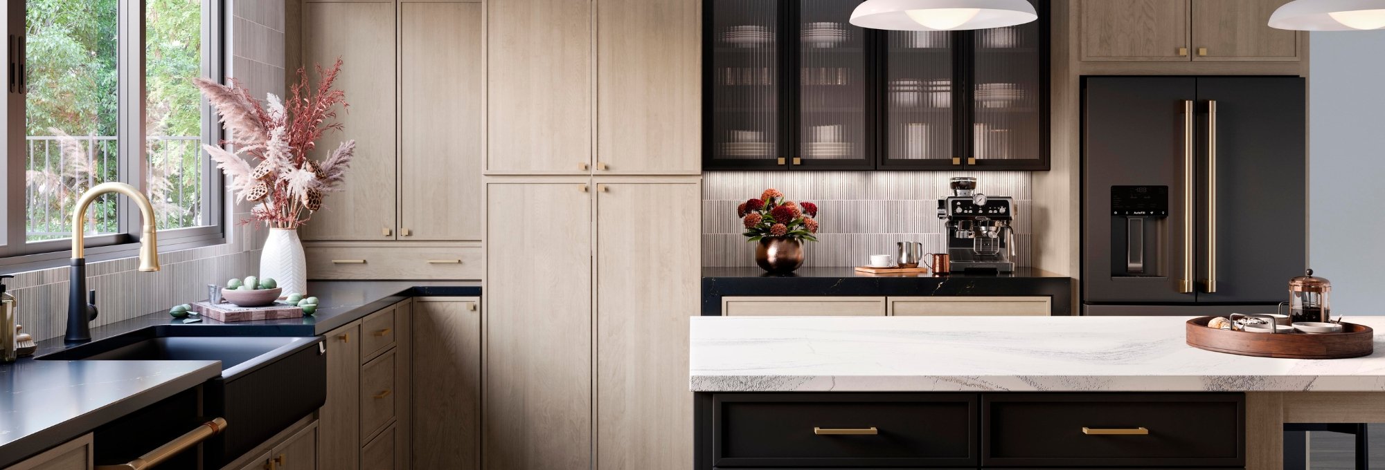 Kitchen Cabinets in a modern light wood style with black and gold accents